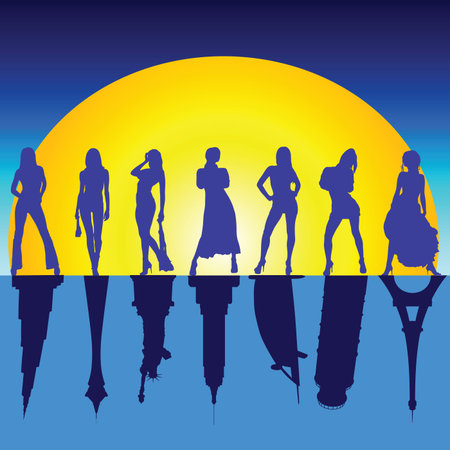 girls and famous buildings art vector illustrationのイラスト素材