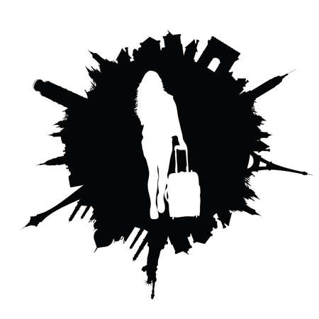 traveling girl with travel bag white illustrationのイラスト素材