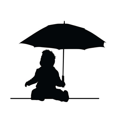 baby holding umbrella vector silhouette on whiteのイラスト素材