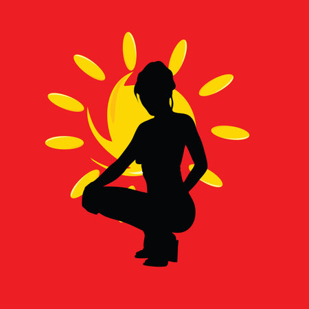 girl with sun vector silhouette on red backgroundのイラスト素材