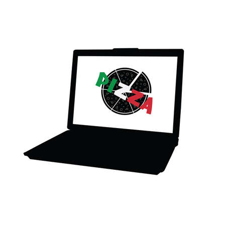 pizza on laptop vector in colorのイラスト素材