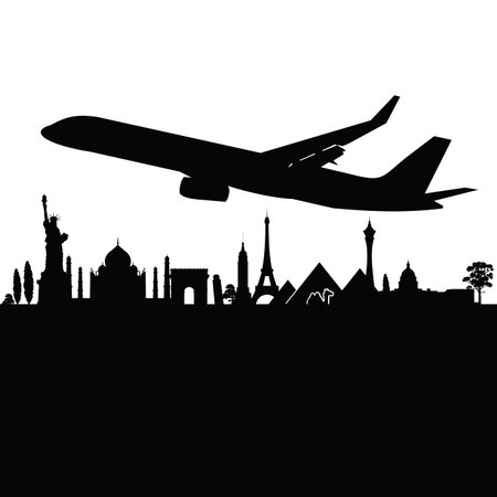 plane above the city black silhouetteのイラスト素材