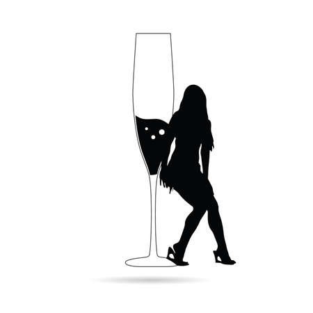 girl silhouette with glass of wine black illustrationのイラスト素材