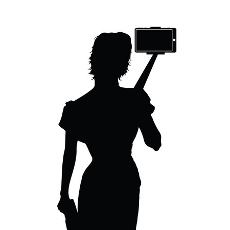 girl with selfie silhouette illustration on whiteのイラスト素材