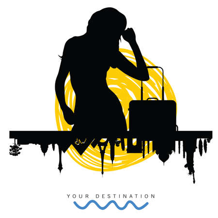 ancient monument travel with girl illustration silhouette in colorfulのイラスト素材