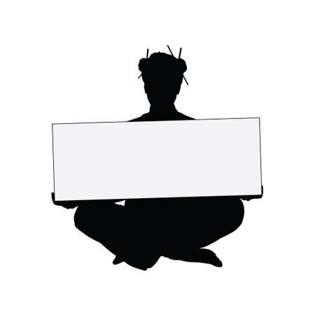girl holding card silhouette illustration in blackのイラスト素材