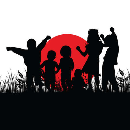 children black silhouette illustration in nature with red sunのイラスト素材