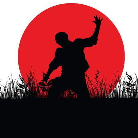 man jump in nature silhouette illustration with red sunのイラスト素材