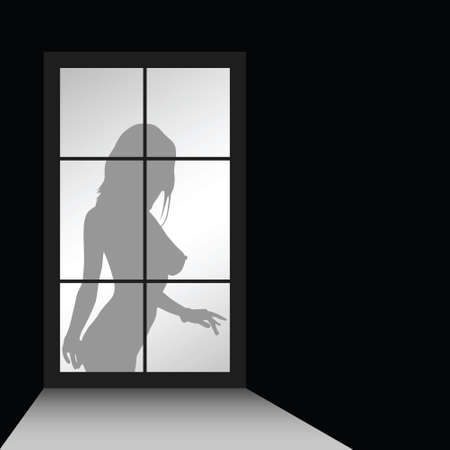 girl with window illustration on black backgroundのイラスト素材