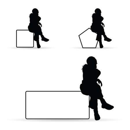 girl silhouette siting on white banner set illustrationのイラスト素材
