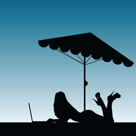 girl beauty with laptop in nature silhouette illustrationのイラスト素材