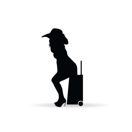 girl silhouette figure with travel bag illustration in black colorのイラスト素材
