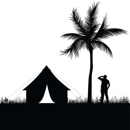 camping in nature man silhouette illustration in blackのイラスト素材