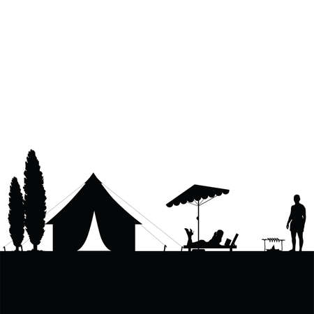camping in nature couple silhouette illustration in blackのイラスト素材