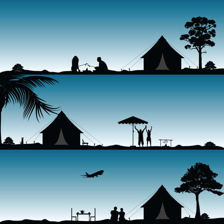 camping in nature people silhouette set illustration in colorfulのイラスト素材