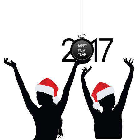 girl silhouette with new year hat 2017 illustration in colorfulのイラスト素材