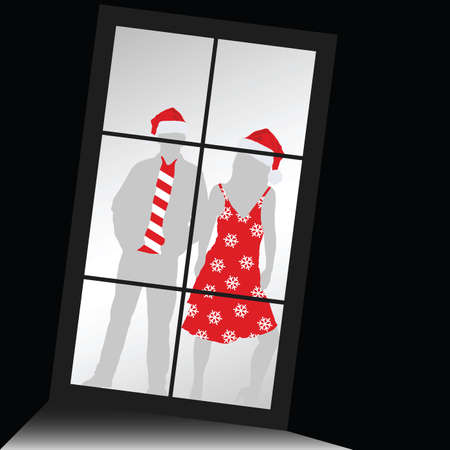 couple silhuette with new year hat front of window art illustrationのイラスト素材