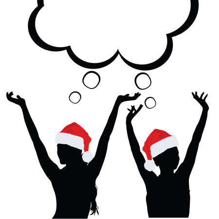 girl silhouette set with speech bubble and new year hat art illustrationのイラスト素材