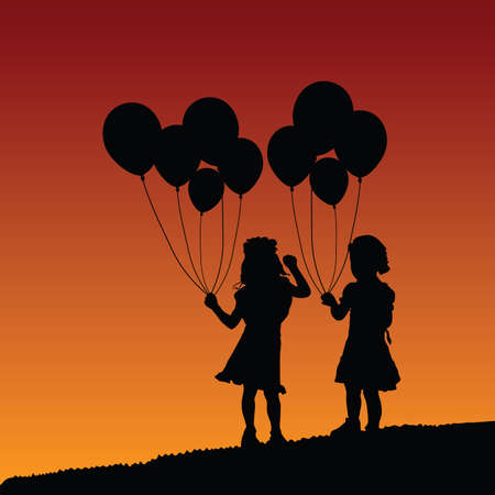 child silhouette with balloon in nature set design illustrationのイラスト素材