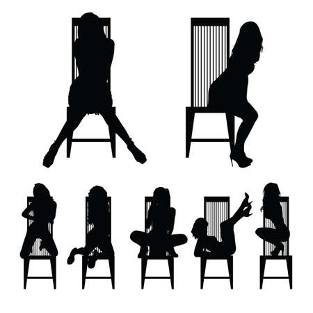 girl silhouette set on chair in various poses art illustrationのイラスト素材