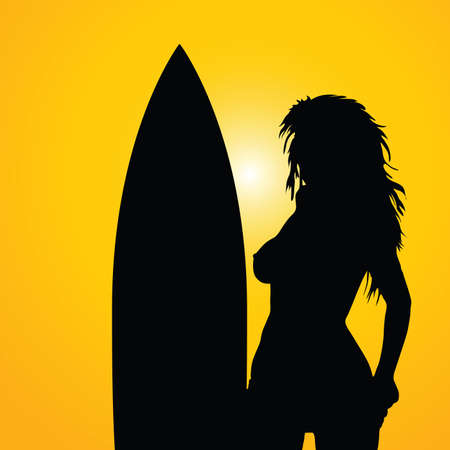 girl with surfboart silhouette vector on yellow backgroundのイラスト素材