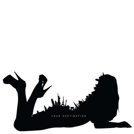 girl with travel icon silhouette black vector on whiteのイラスト素材