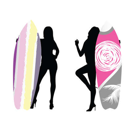 girl silhouette with surfboard color in hand set illustrationのイラスト素材