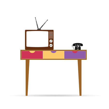 Retro table with tv and phone vector illustrationのイラスト素材