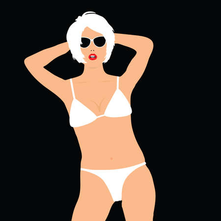 girl blonde in white bikini pose illustration on black backgroundのイラスト素材