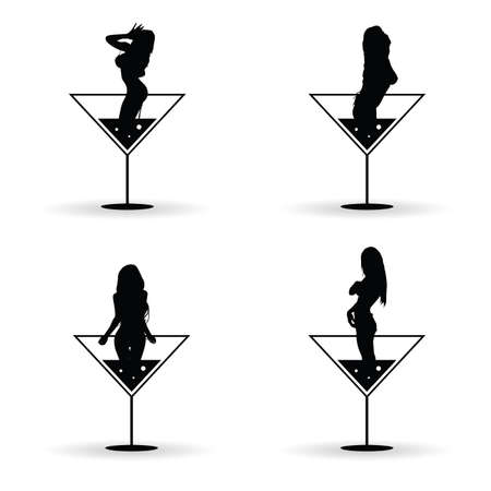 girl silhouette in martini glass set illustration in blackのイラスト素材