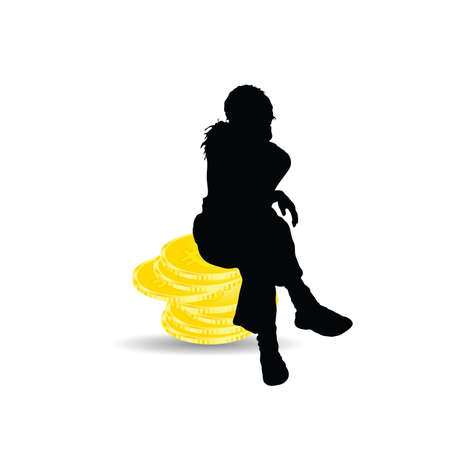 girl silhouette sitting on bitcoin art illustrationのイラスト素材