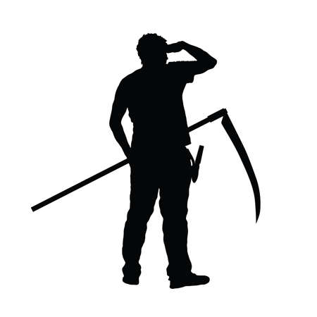 man with scythe in hand silhouette on white. Vector illustration.のイラスト素材