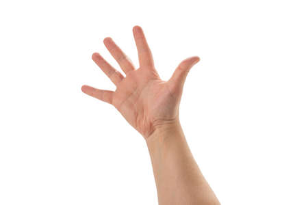 Man hand showing five fingers isolated on white background.の写真素材