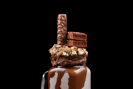 Chocolate extreme milkshake with brownie cake, chocolate paste and sweets. Crazy freakshake food trend. Copy spaceの写真素材