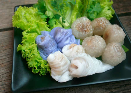 Sago pork, Thai Dessert and Appetizer of Freshly Homemade Steamed Powdery Starch from Certain Sago Palms Stuff with Porkの写真素材