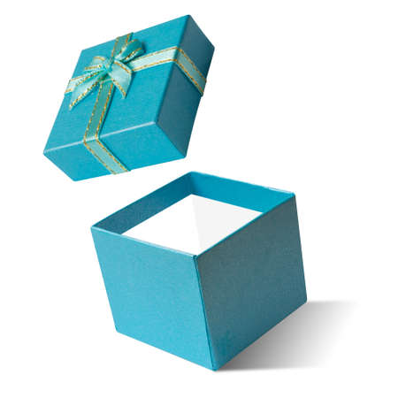 Blue gift box open isolated on white background, Happy new year & christmas holiday, Boxing day sale or father day conceptの写真素材