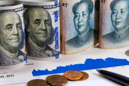US dollar and Yuan China which its are 2 biggest countries for economic growth.Now America and China announce tariff tax policy to make conflict.の写真素材
