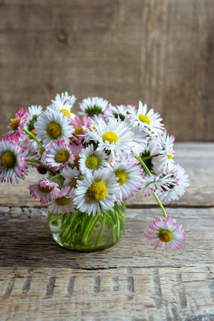 Bouquet of common daisies Bellis perennis in glass jar on a wooden table, rustic style. Selective focus, closeup viewの写真素材