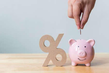 Hand putting money coin in piggy bank with percentage sign symbolの写真素材