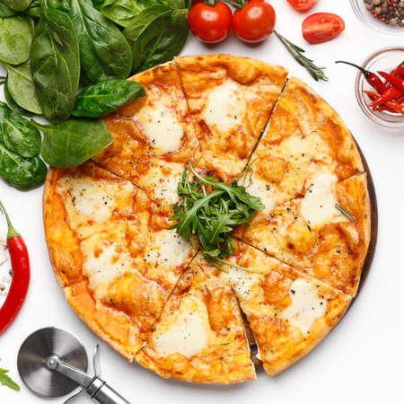 Italian Mozzarella Pizza On White Table, Top Viewの写真素材