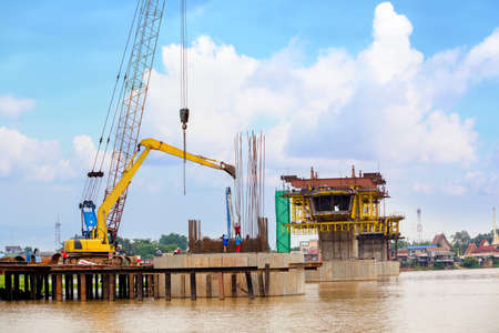 Construction of a large river bridgeの写真素材