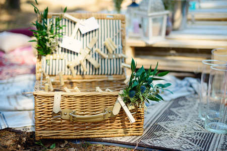 Boho style party decor in the forest. Party decoration for a bachelorette party.の写真素材
