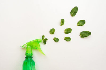 Detergent green bottle on a pink background spray a fresh mint leaves. - Copy spaceの写真素材