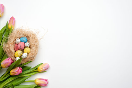 Easter background, multi-colored eggs and .bouquet of tulips lie on a white table. - Copy space