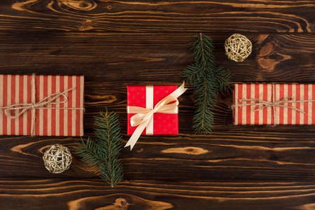 Christmas composition. Christmas gifts on wooden backgroundの写真素材