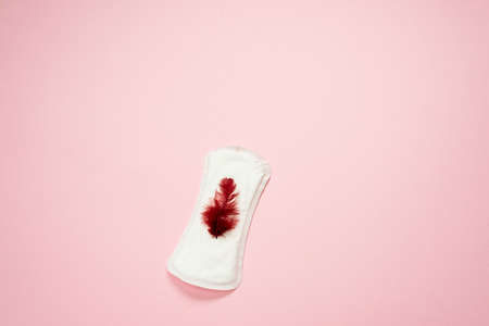Woman pad lying isolated on pink background with red feather on it . Woman hygiene protection (sanitary)の写真素材