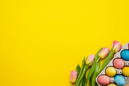 Colorful easter eggs and pink tulips diagonally on yellow background