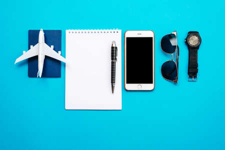 Travel objects on blue backgroundの写真素材