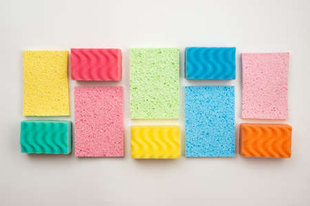 Multicolored washcloths outlined in a rectangle on a white backgroundの写真素材