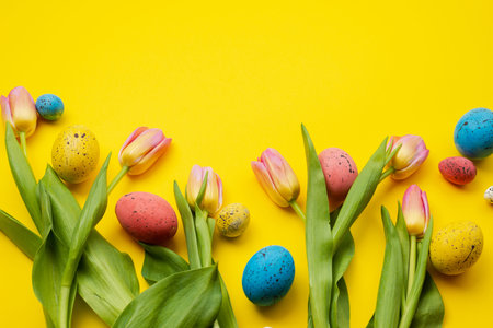 Easter eggs and colorful tulips on yellow background. Top view with space for your greetingsの写真素材